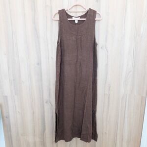 VTG Moods Womens Linen Maxi Dress Size XL Brown Sleeveless Lagenlook Coastal